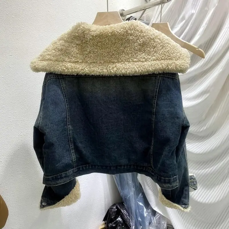 

Джинсовые пальто, длинные меховые плюшевые женские осенние облегающие пальто в консервативном стиле, городские социальные сборки, комфортное удержание, против морщин, овечья шерсть