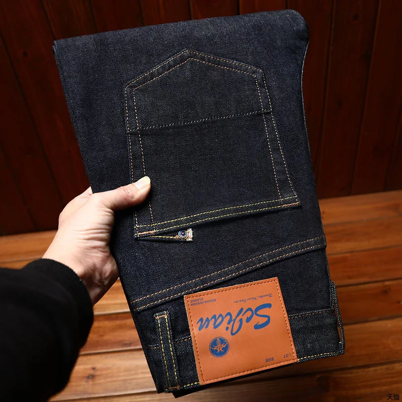 Celana Jeans Denim pria, celana panjang kasual pria muda muda elastis elastis Lurus meregang semua-cocok kelas atas sederhana klasik telinga merah primer