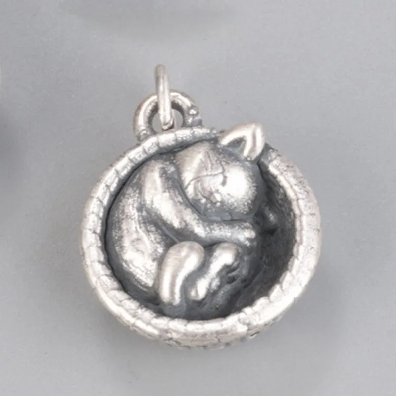 BOCAI NEW S925 Sterling Silver Vintage Cute Pet Kitten Sleeping Pendant