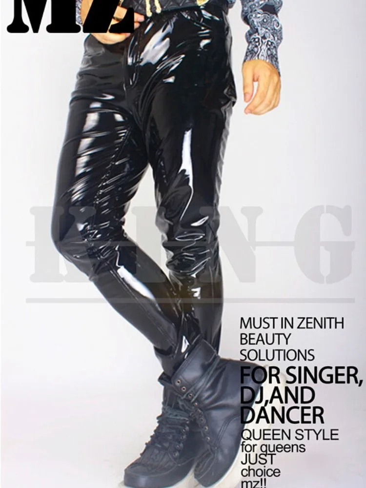 Spring Summer Men's Plus Size Super Soft Black Singer Patent Leather Mirror Pants New Hip Hop Personality Male Fashion Trousers