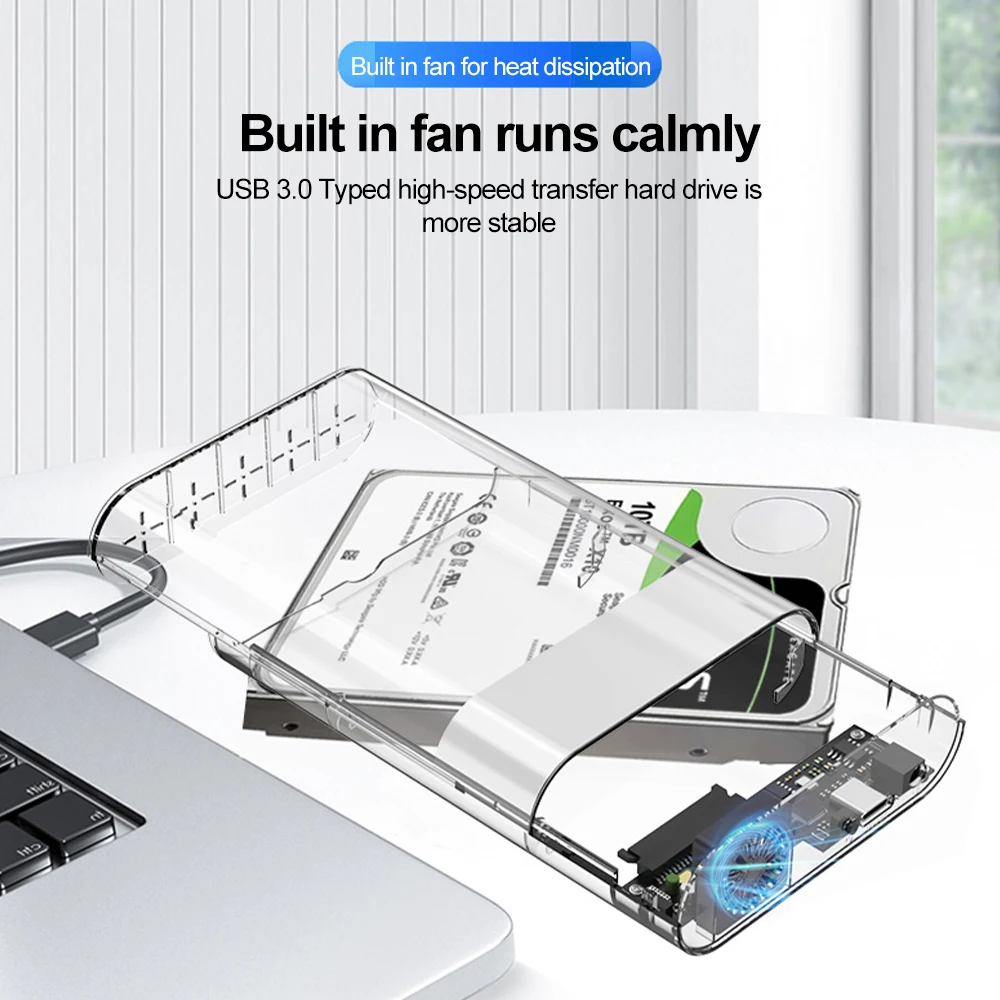 2.5/3.5 인치 HDD/SSD 인클로저 투명 USB 3.0-SATA 외부 HDD 케이스 지원 노트북 용 22TB SSD 박스 고속 어 ,2.5/3.5 inch HDD/SSD Enclosure Transparent USB 3.0 to SATA External HDD Case Support 22TB SSD Box High Speed Adapter for Laptop댑터