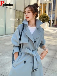 British Style Long Trench Coats Classic Double Breasted Windbreaker Elegant Womens Loose Overcoats Korean Fashion Blue Gabardina