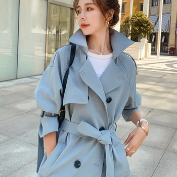 British style long trench coats classic double breasted windbreaker elegant ladies loose overcoats korean fashion blue Gabardina