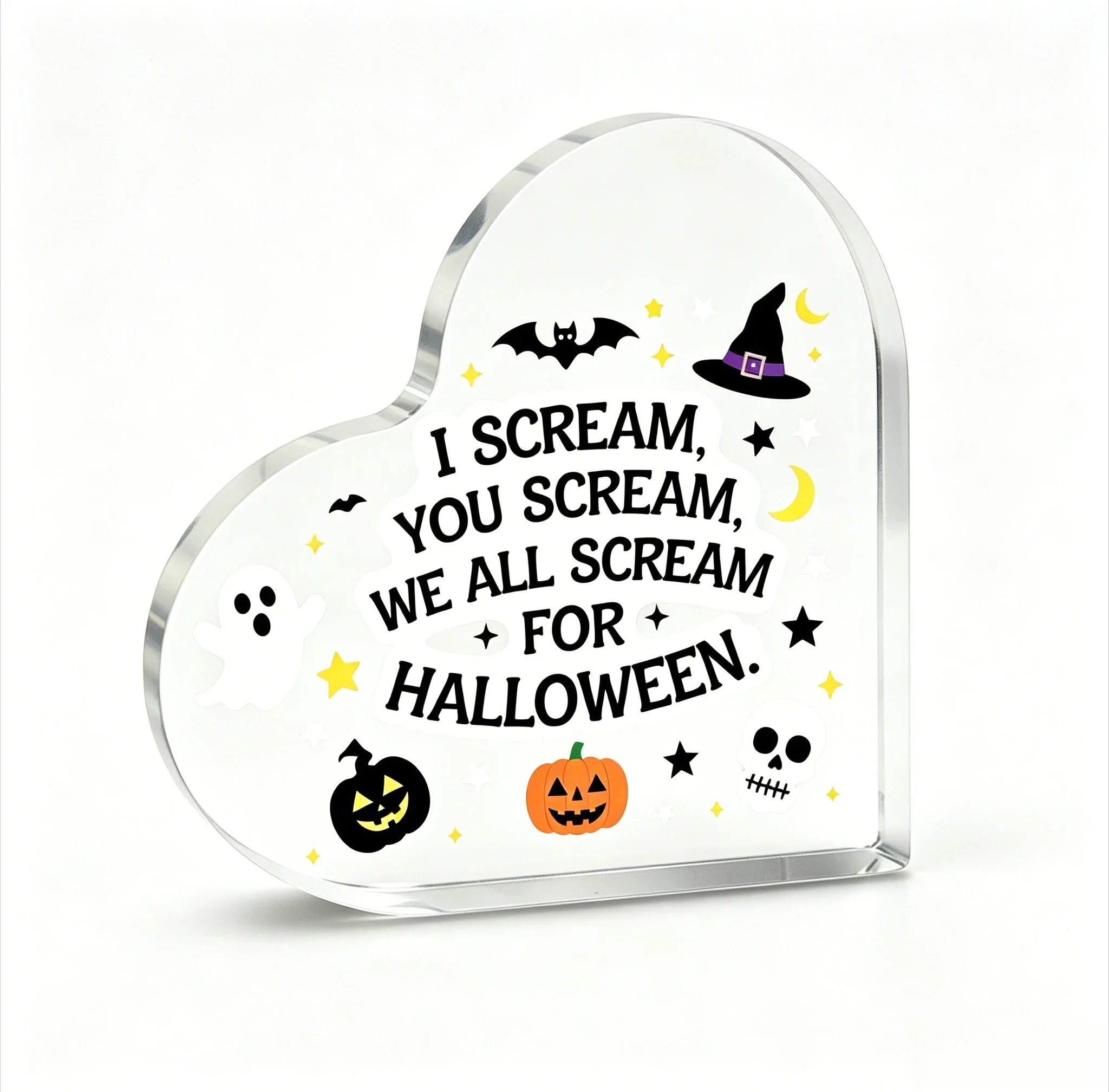 I Scream For Halloween Heart‑Shaped Acrylic Plaque, Funny Halloween Desk Decor