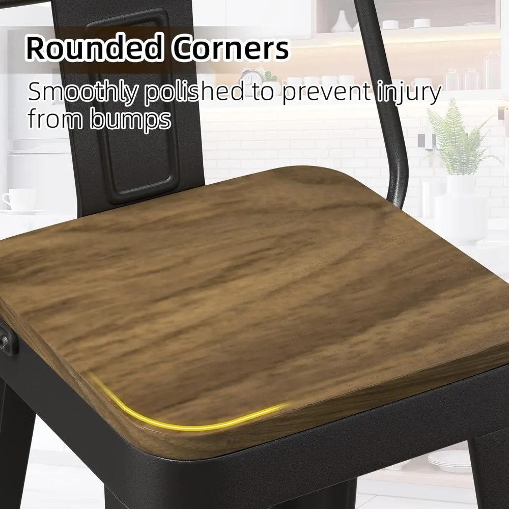 Juego de 4 taburetes de bar negros, taburetes de bar de metal con asiento de madera, taburetes de bar modernos de 24 pulgadas de altura de mostrador con respaldo bajo