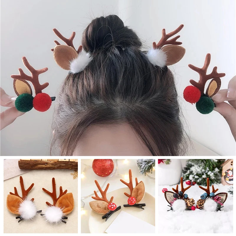 

2Pcs Kawaii Christmas Elk Ear Hair Clip Women Girl Santa Snowman Hairpin Xmas Party Barrettes For Kids Girls Cosplay Headwear