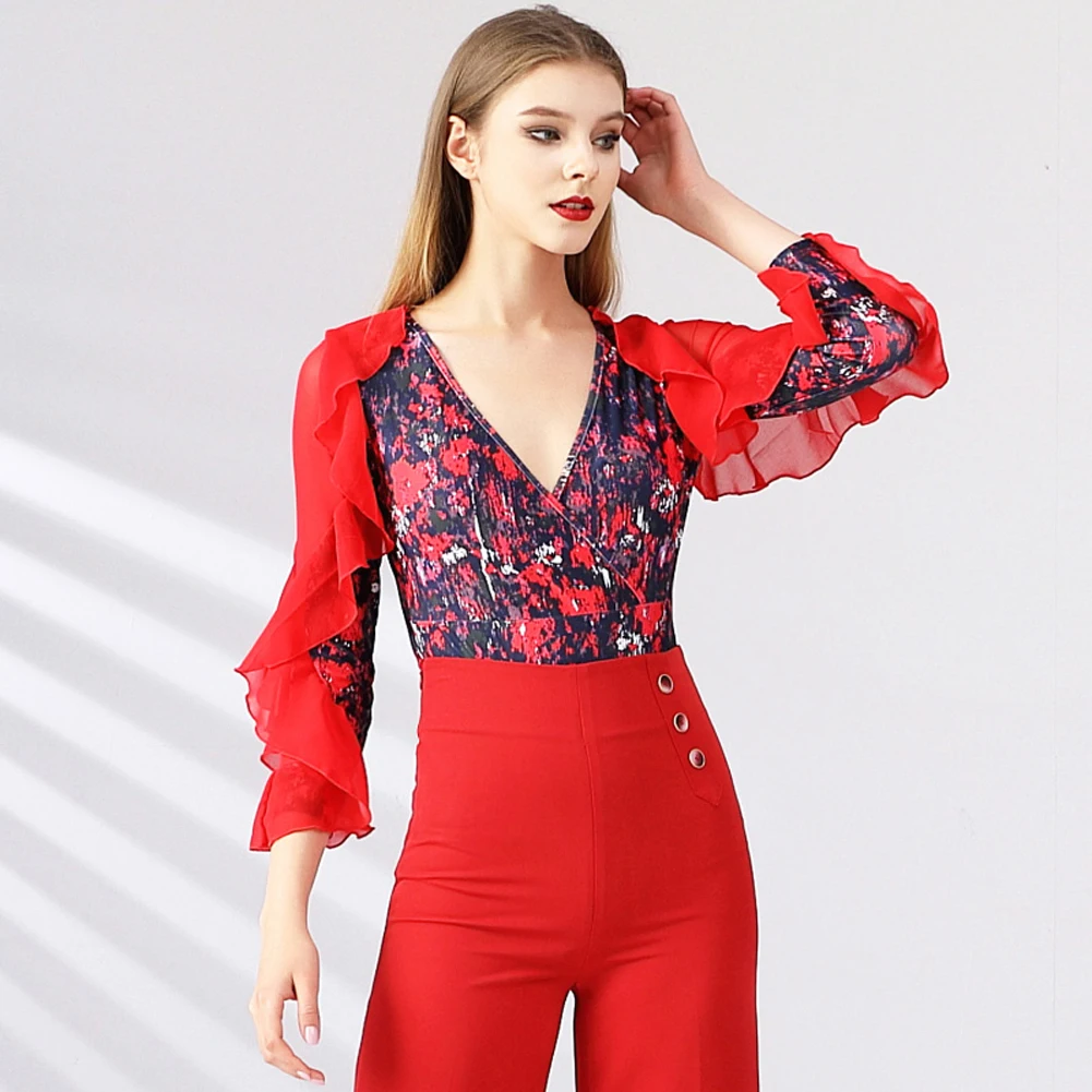 قميص نسائي مثير للرقص اللاتيني بأكمام طويلة قميص مطبوع 2025 أحمر برقبة على شكل حرف v للحفلات الراقصة بذلة خضراء لقاعة الرقص