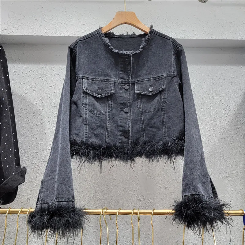 European 2023 New Popular Temperament High Sense American Retro Gray Ostrich Feather Denim Jacket Women's Autumn