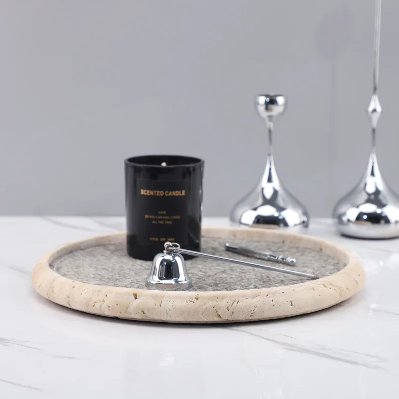 Luxury Understated Style Trays Natural Yellow Limestone Horsehair Round-shaped Trays Bedroom Entrance Home Decor Plateaux ZY40TP