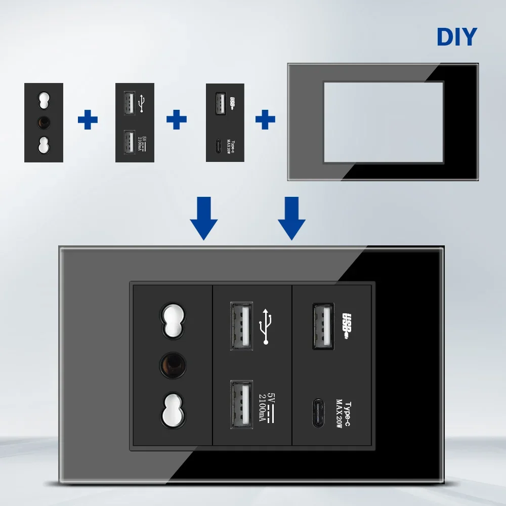 DELEFU Italian, EU, Multi-functional Free Combination USB Type C Wall Socket DIY Black