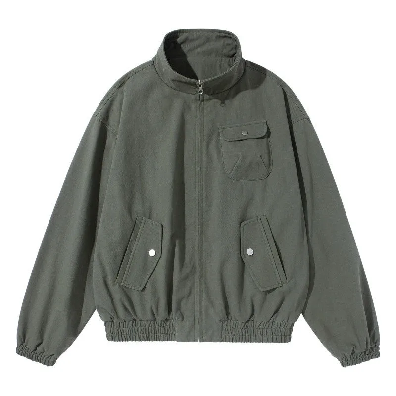 

Spring American Retro Stand Up Collar Zipper Short Jacket with Chest Pocket Design Coats Versatile for Men and Women