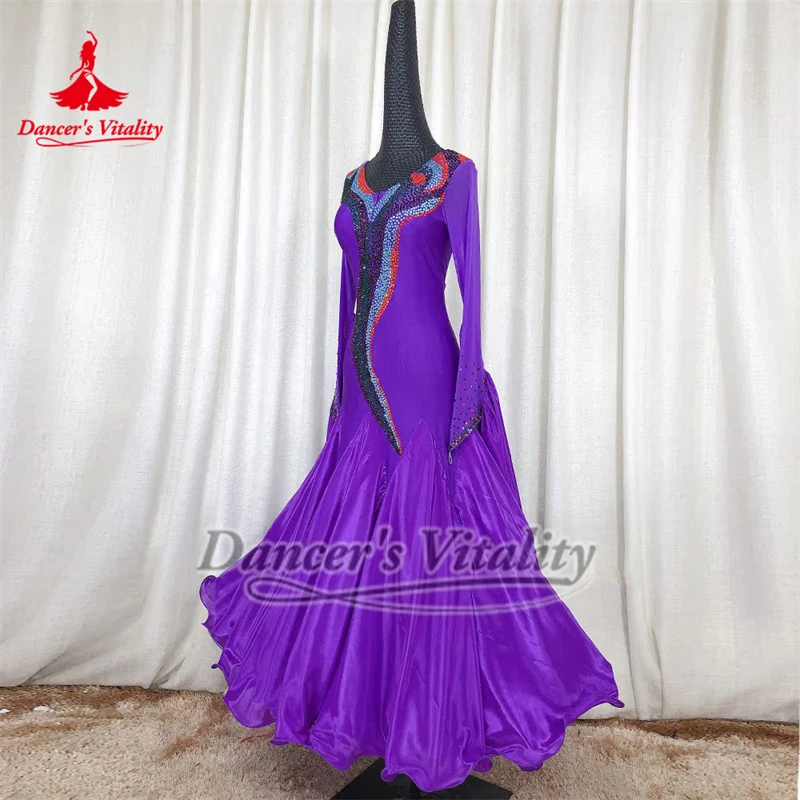 Adulto o novo estilo avançado pérola tecido de seda envolto-hip vestidos de dança de salão roxo tango valsa traje de concurso personalizado