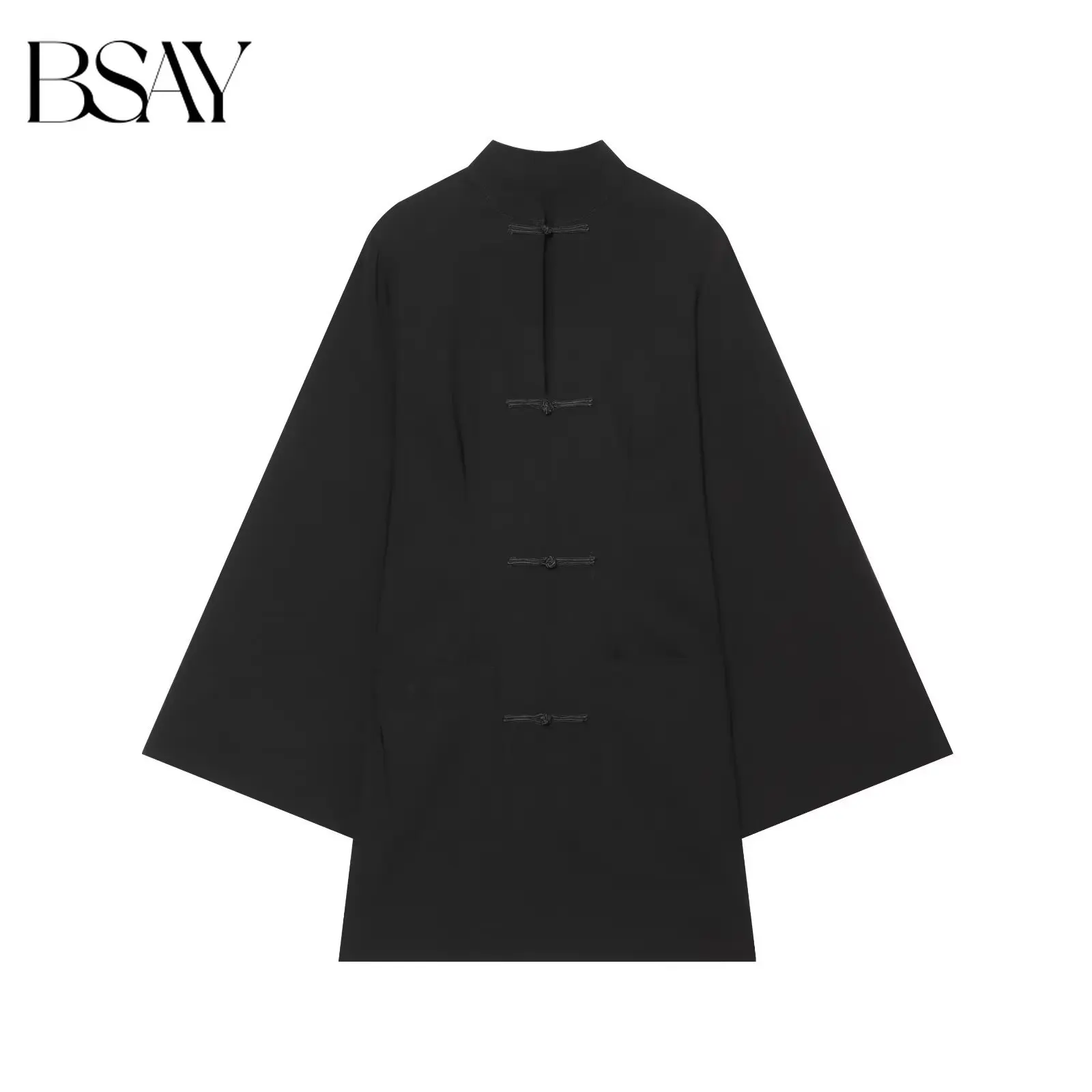 BSAY 2026 Autumn New Chinese Retro Style Women Stand Collar Frog Button Mini Dress Wide Flare Sleeve Straight Loose Short Dress