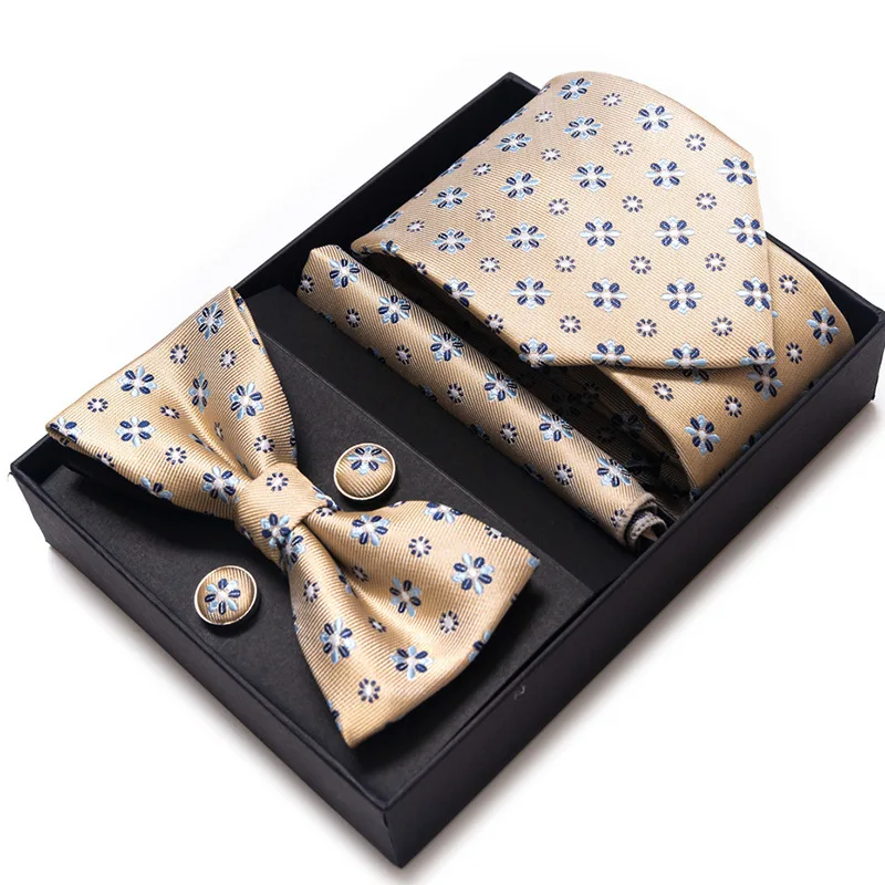 New men's bow tie set High quality formal tie 8CM luxury bow tie box pocket square cufflinks tie set Gift box 5 sets