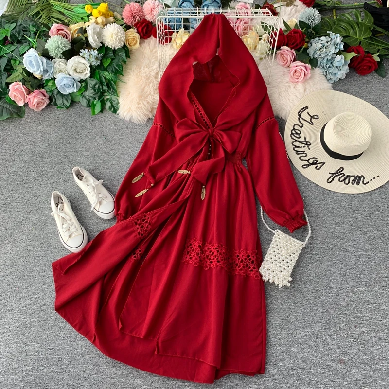 Draped Bational Travel Ethnic Long Dooded Dress Wine Red Sexy Chaming Chiffon Dresses Long Sleeve Ribbon Hollow Crochet Vestidos