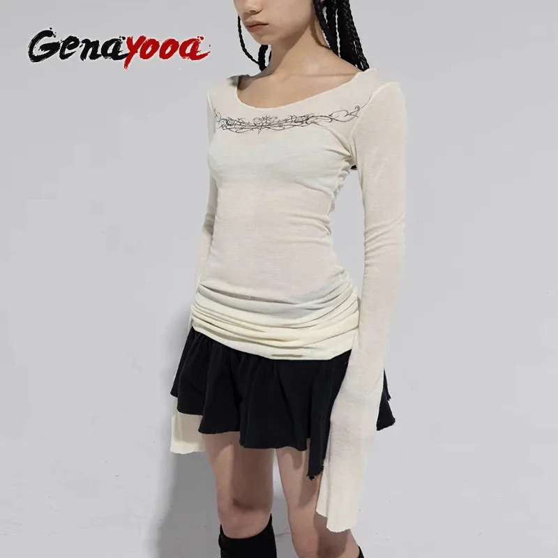 Genayooa Vintage Print T Shirt Women Long Sleeve Skinny See Through Y2k American Retro 90s Tee Tops Streetwear Graphic Tops Tee