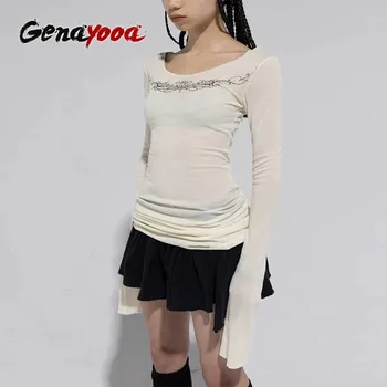 Genayooa Vintage imprimé t-shirt femmes à manches longues maigre voir à travers Y2k américain rétro 90s t-shirt hauts Streetwear graphique hauts t-shirt