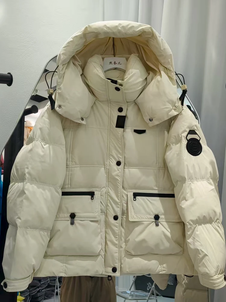 

2025 new down jacket women's short style Korean version workwear Parker hooded thick couple's white duck down winter coat