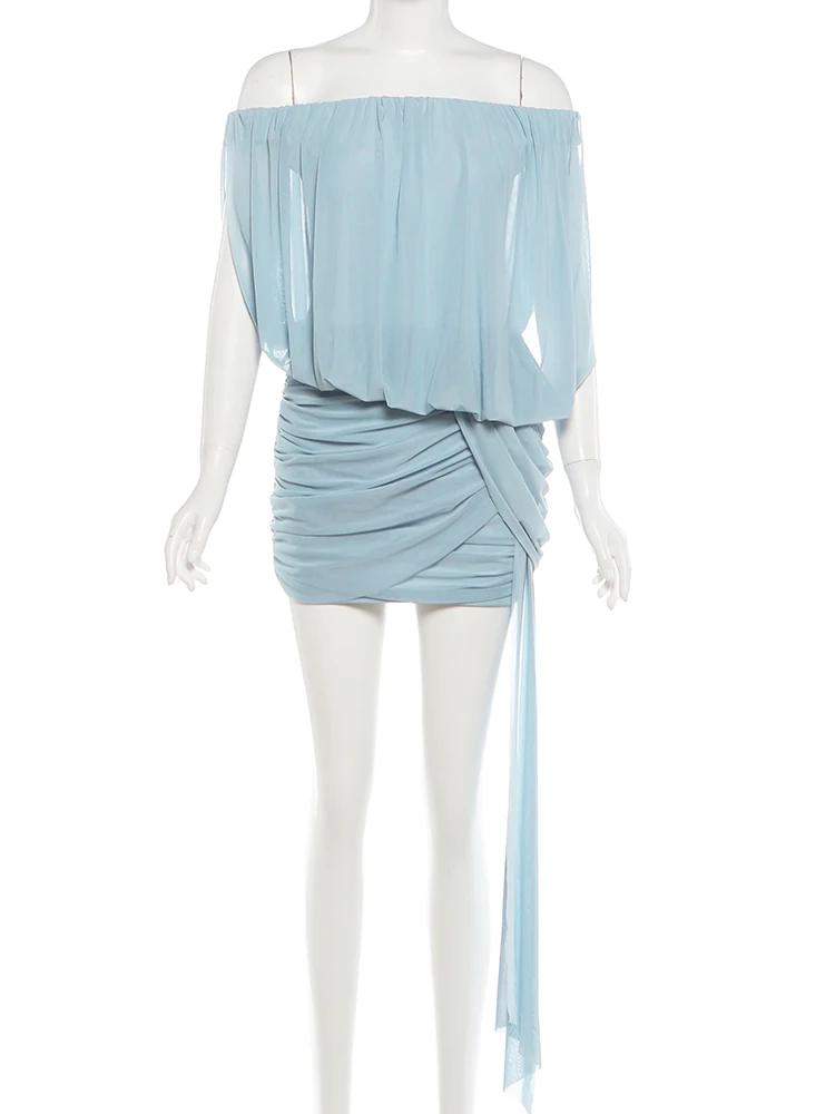 Sisterlinda Folds Tassel Slash Neck Dress Damen Mesh Solid Sweet Elegant Summer Trend Vacation Prom Party Classic Mini Bodycon – Detail 7