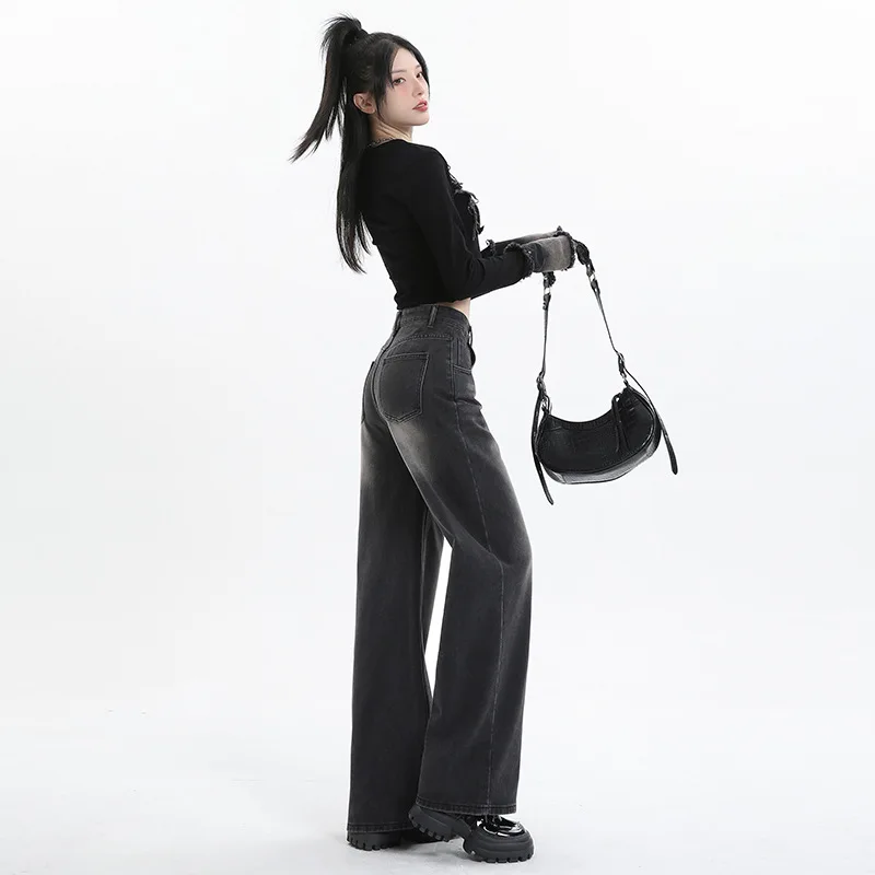 Boweylun الربيع والخريف جديد خمر عالية الخصر واسعة الساق الجينز النساء فضفاض الدنيم كامل طول السراويل الإناث واسعة الساق السراويل