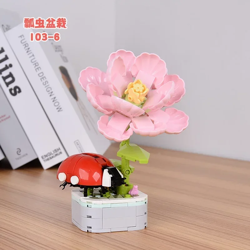 Insects and Flowers Butterfly Dragonfly Potted Bouquet Puzzle Building Blocks Creative Display Gift