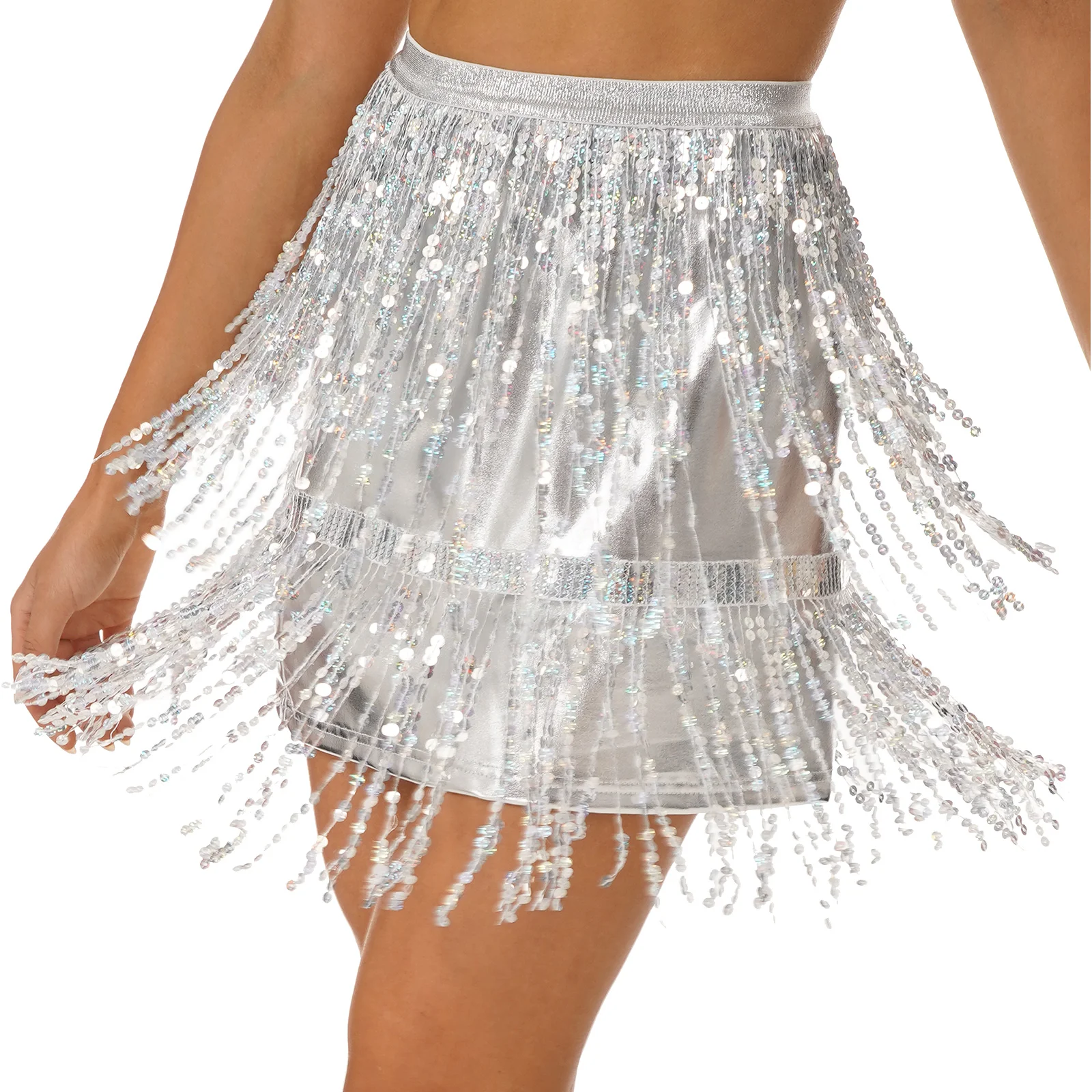 Womens Sparkly Sequin Tassel Skirt Latin Dance Performance Costume Elastic Waistband Patent Leather Fringed Skirts Clubwear