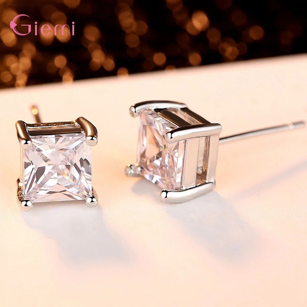Genuine 925 Sterling Silver Square Moissanite Stud Earrings for Women Girls Wedding Party Jewelry Gifts Accessory Wholesale