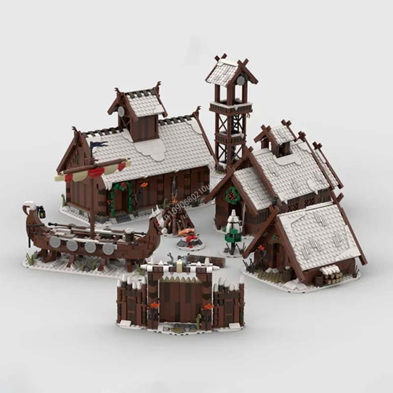 3158pcs Idea ฤดูหนาว Viking Village Building Blocks ยุคกลาง Blacksmith House สถาปัตยกรรมของเล่นเด็กคริสต์มาสของขวัญ Moc-21343