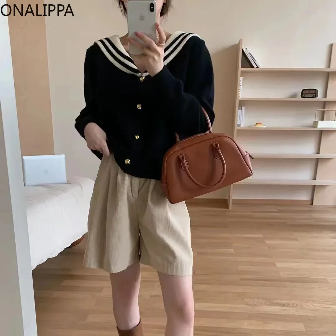 Onalippa Sailor Collar Striped Knitted Cardigan Contrast Single Breasted Loose Cardigans Korean Preppy Style Sweet Sweaters