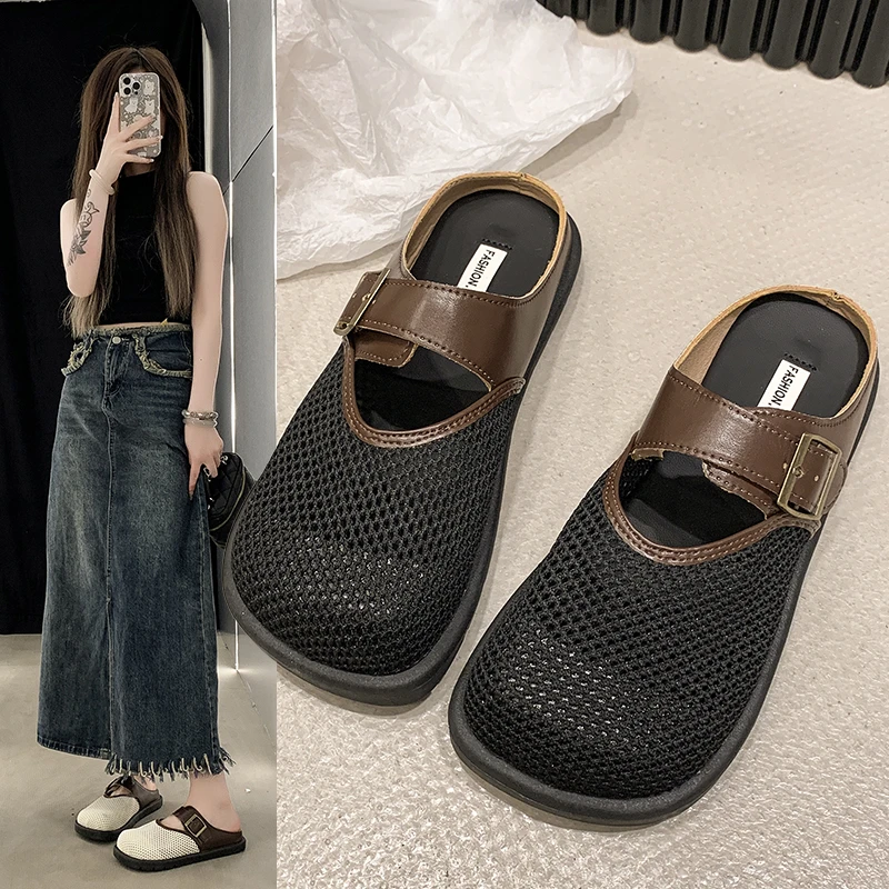 Women Slippers Fashionable Baotou Half Slippers Flat Shoes Simple Lazy Slippers Hollow Breathable Mesh Anti Slip Summer Outdoor