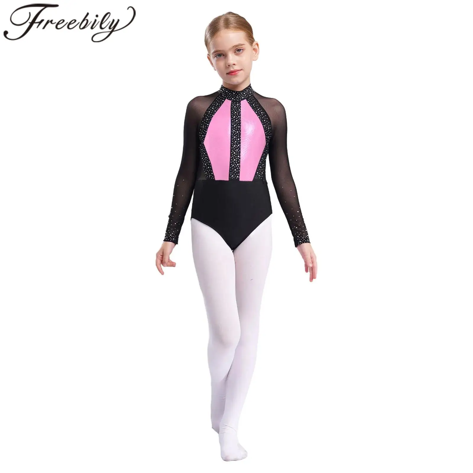 

Детский гимнастический купальник с цветными блоками для девочек-подростков, блестящие стразы с длинными рукавами, боди для фигурного катания, детские танцевальные боди