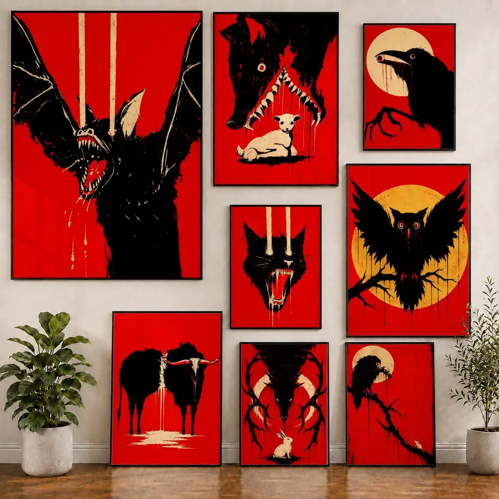 Crimson Gothic Wildlife Grunge Horror Poster Pvc HD Peel and Stick Modern poster Home Office Living Room Dining Room Wall Decor