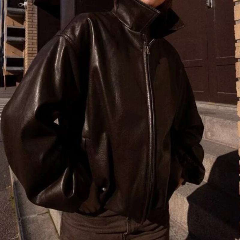 Kurtka damska ze sztucznej skóry w stylu motocyklowym, streetwear, retro, z długim rękawem, zapinana na zamek, prosta kurtka, odzież wierzchnia, na zimę.