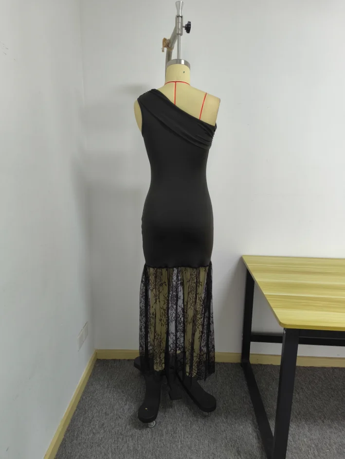 JULISSA MO Patchwork-Spitzenkleid, sexy, schulterfrei, Maxikleid für Damen, schwarz, ärmellos, Abendkleid, Sommer, schmal geschnitten, elegant, Party- und Clubkleid – Detail 8