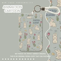 Cute Student ID Card Holder Cartoon Anime Bunny Floral Kpop Idol Photocard Cover Case with Lanyard Aesthetic Card Protector