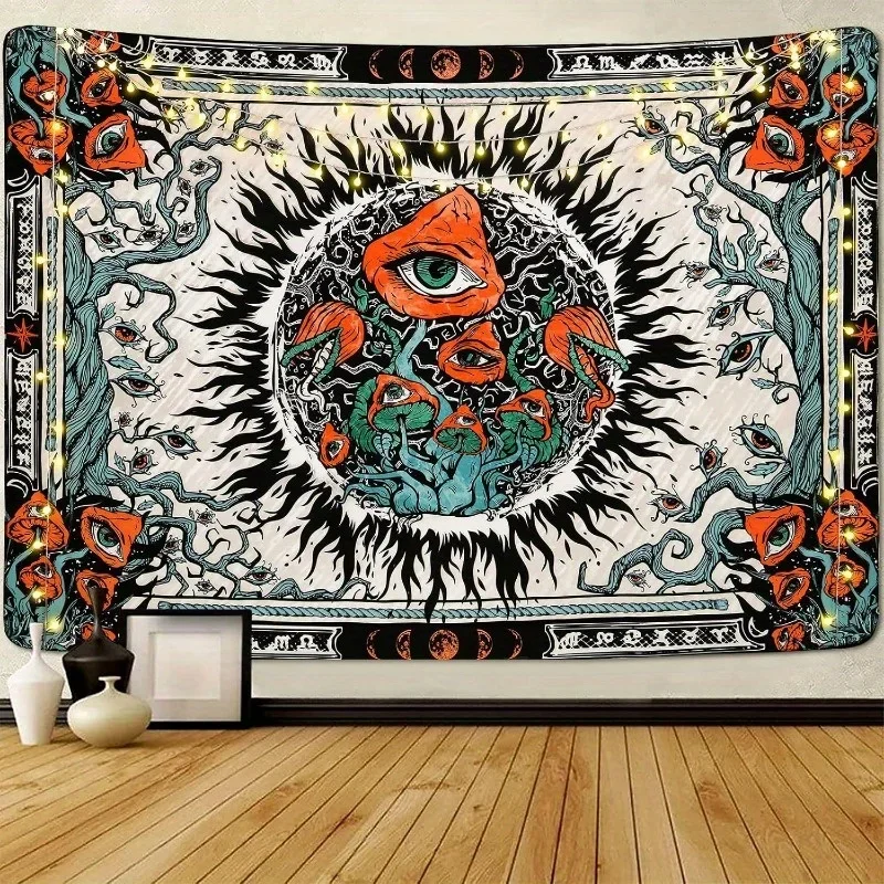 1pc Burning Sun Tapestry, Hippie Eye Mandala Vine Moon Phase Wall Hanging, Boho Decor for Room