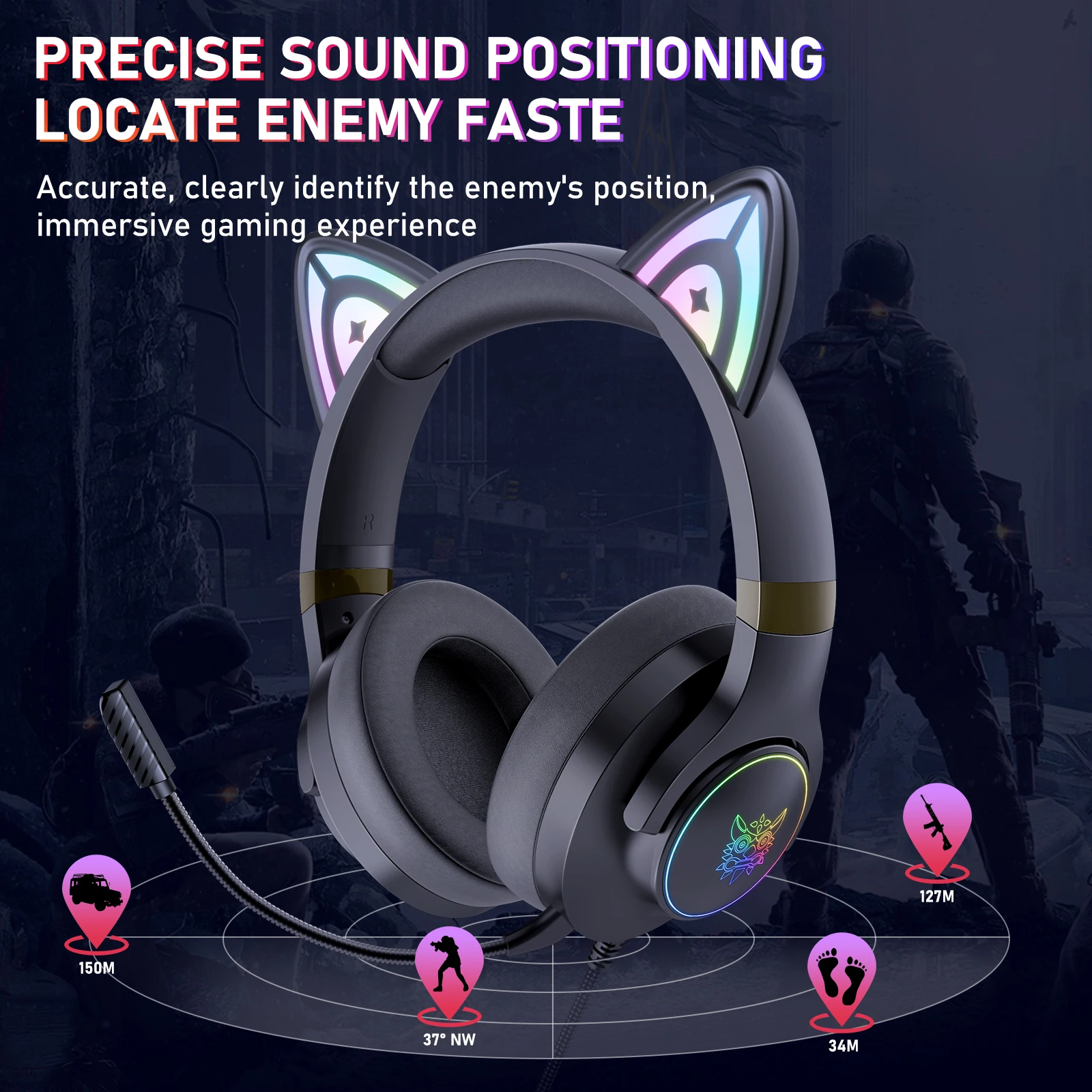 ONIKUMA Novo X30 com Fone de Ouvido com Orelhas de Gato Destacáveis, Headset com Fio, Design Moderno com Luz RGB para PS5, PS4, XBOX e PC