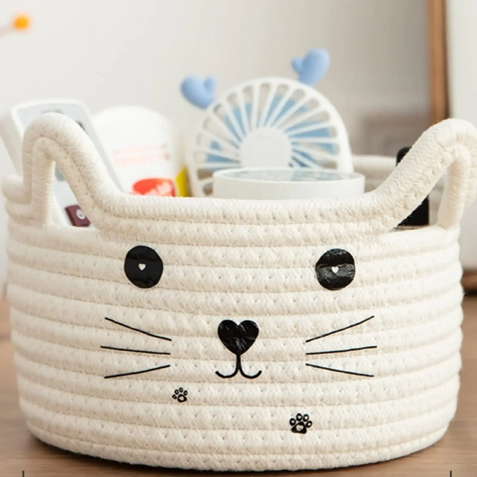 

Cat Basket Storage Woven Basket Organizer with Ears Decorative Pet Toy Cute Basket Cotton Rope Basket for Gift Cat Dog Toy Bin