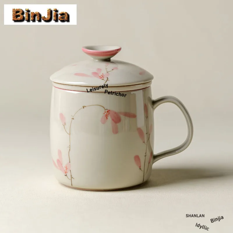 340ml Hand-painted Pink Magnolia Filter Tea Separator Cup Boutique Tea Mug With Infuser Household Tea Maker Office Water Cup