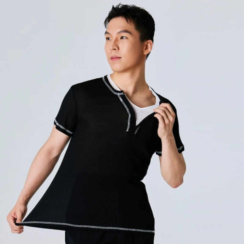 Men'S Short Sleeves Modern Dancing Tops Adults Tango Latin Dance Competition Top Male Ballroom Dance Training Wear SL16229