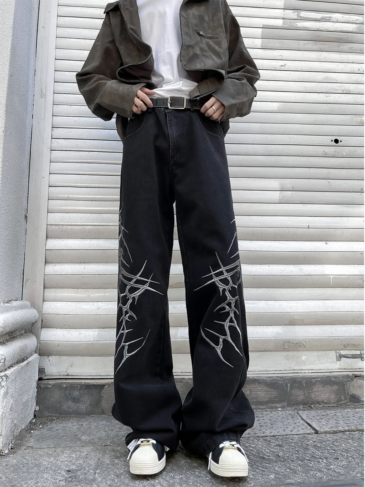 American High Street Men's Jeans Spring Autumn Vibe Small Design Sense Embroidery Straight Leg Trendy Micro Flare Long Pants