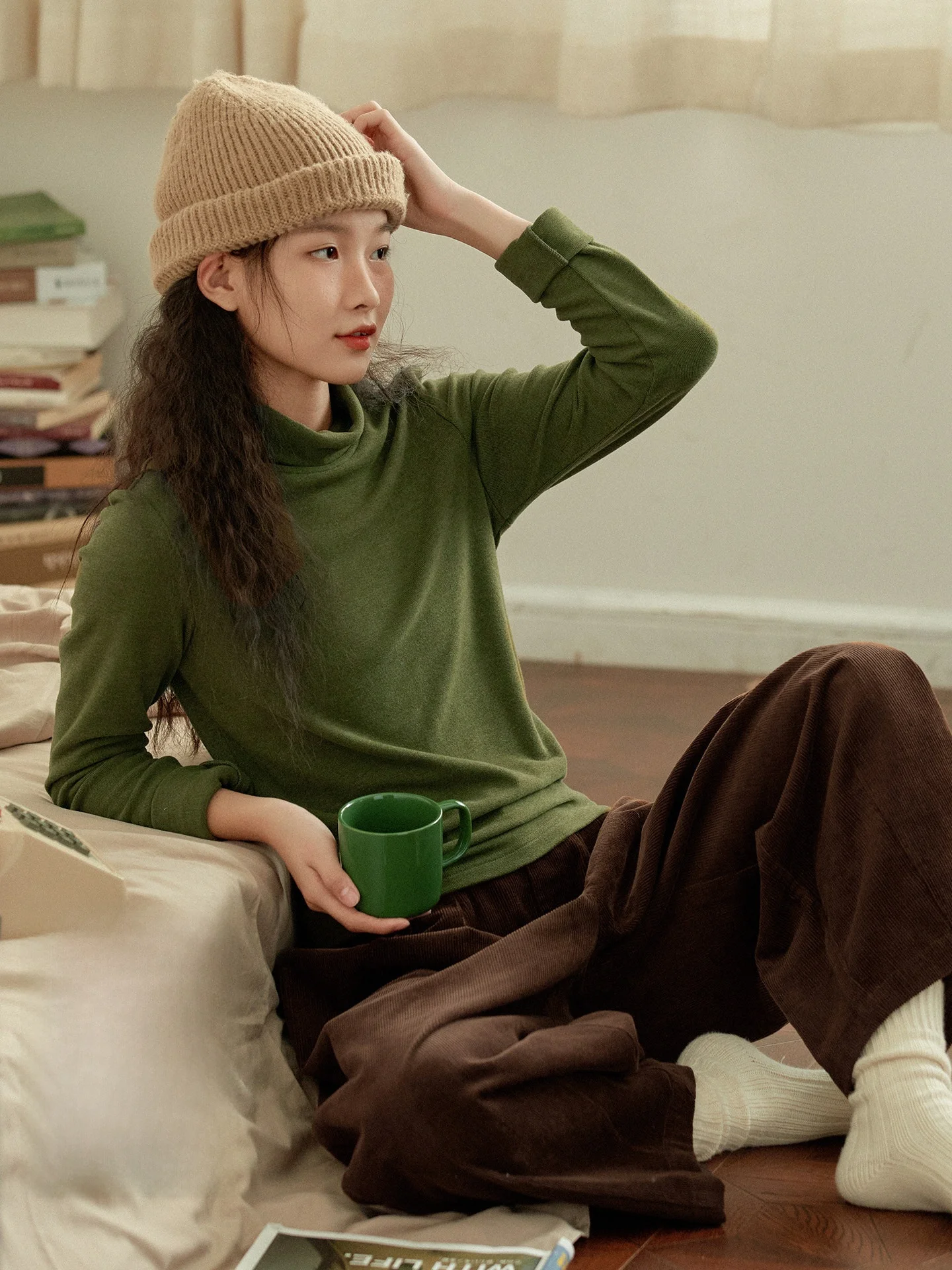 

Olive een, длинная женская футболка с высоким воротником, повседневная свободная посадка, универсальный базовый слой, irt на осень-зиму