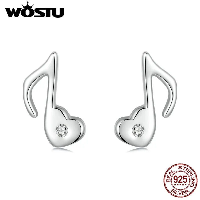 WOSTU 925 Sterling Silver Music Heart Note Stud Earrings Women Punk Gift Skull Hand Bass Studs Earring Hip Hop Jewelry Gift