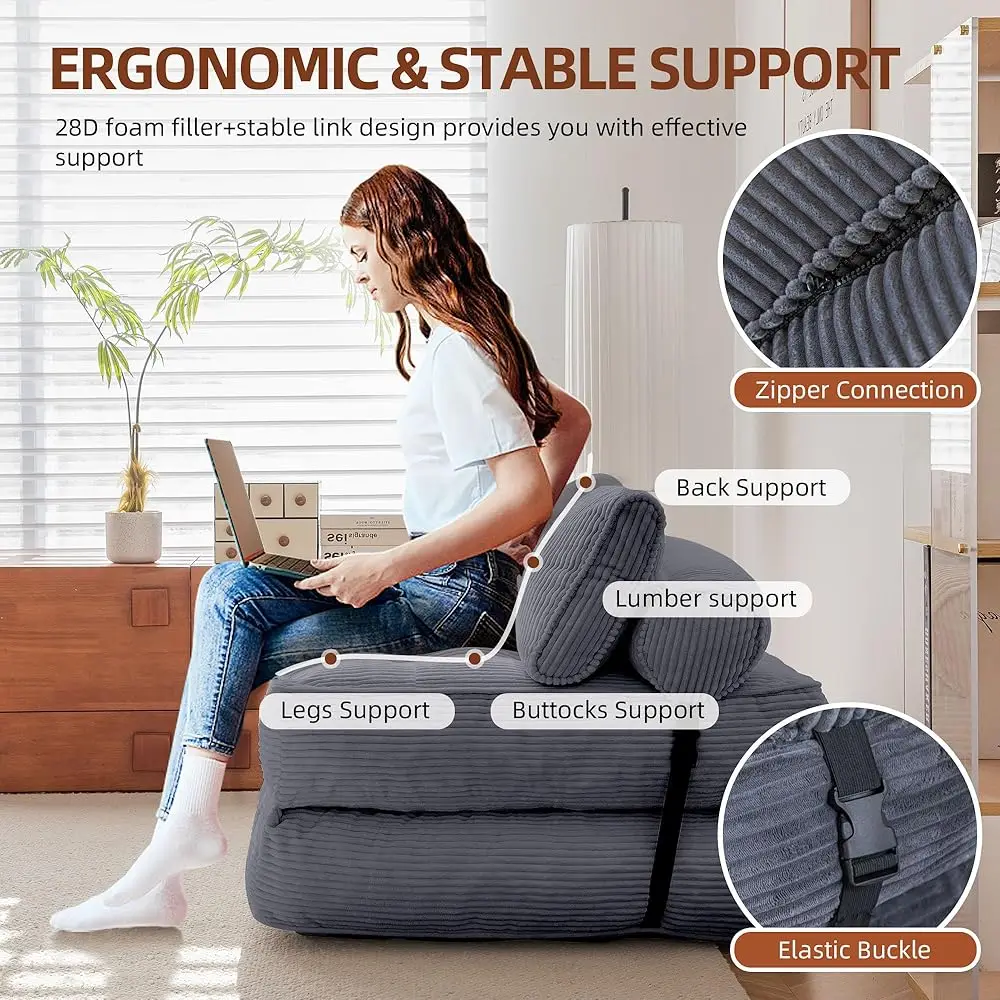 سرير أريكة قابل للطي، كرسي نوم قابل للتحويل مع دعم مسند الظهر وقماش سروال قصير ناعم، سرير أريكة قابل للطي مع وسادة لـ