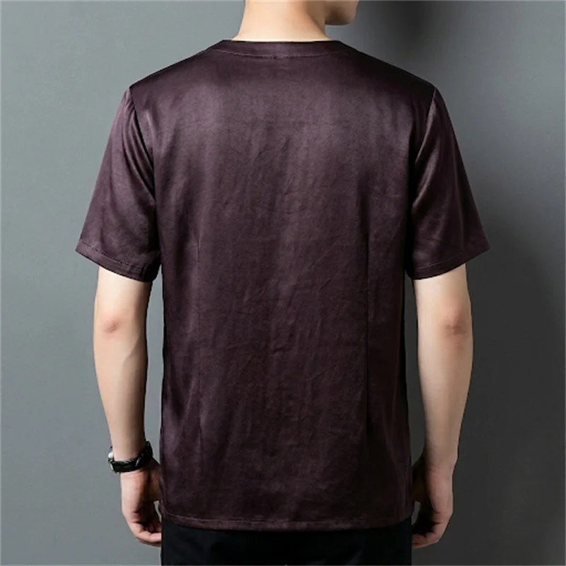 Natural Silk 95% Luxurious T Shirt For Men Short Sleeve Loose Fit Summer Quality Skin-Friendly Chinese Style Camisetas De Hombre
