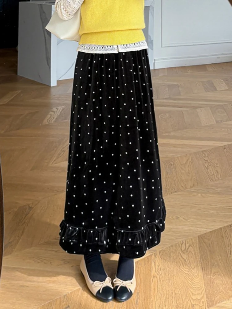 REALEFT Autumn Winter Vintage Dots Printed Thicken Velvet Women's A-line Skirts High Waist Casual Loose Umbrella Skirts Female