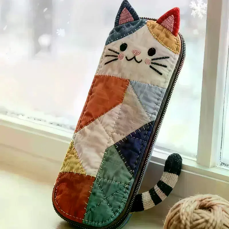 Cloth Cat Pencil Case Patchwork Japanese Style Cartoon Pen Bag Multifunctional Color Block Stationery Storage Bag Office