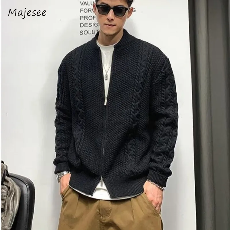 Men Cardigan Solid Warm Knitting Round Neck Blocking Outer Clothing Retro Streetwear Daily Korean Style Double Zippers Sweaters