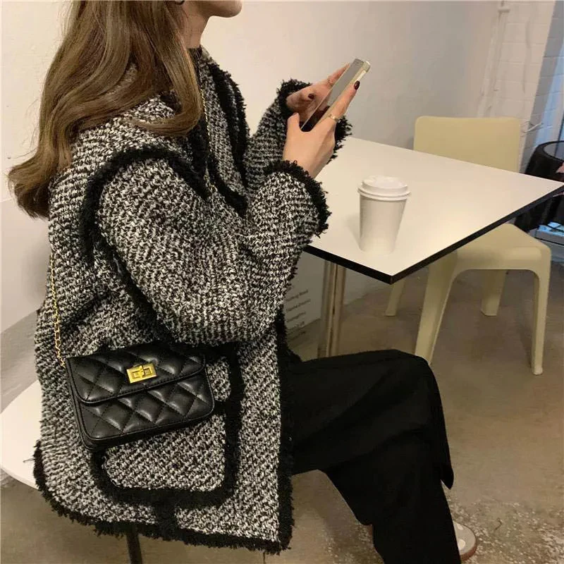 MEXZT Vintage Tweed Jackets Women Black Patchwork Thick Coats Korean Elegant Wool Blends Winter Streetwear Casual Outerwear Tops