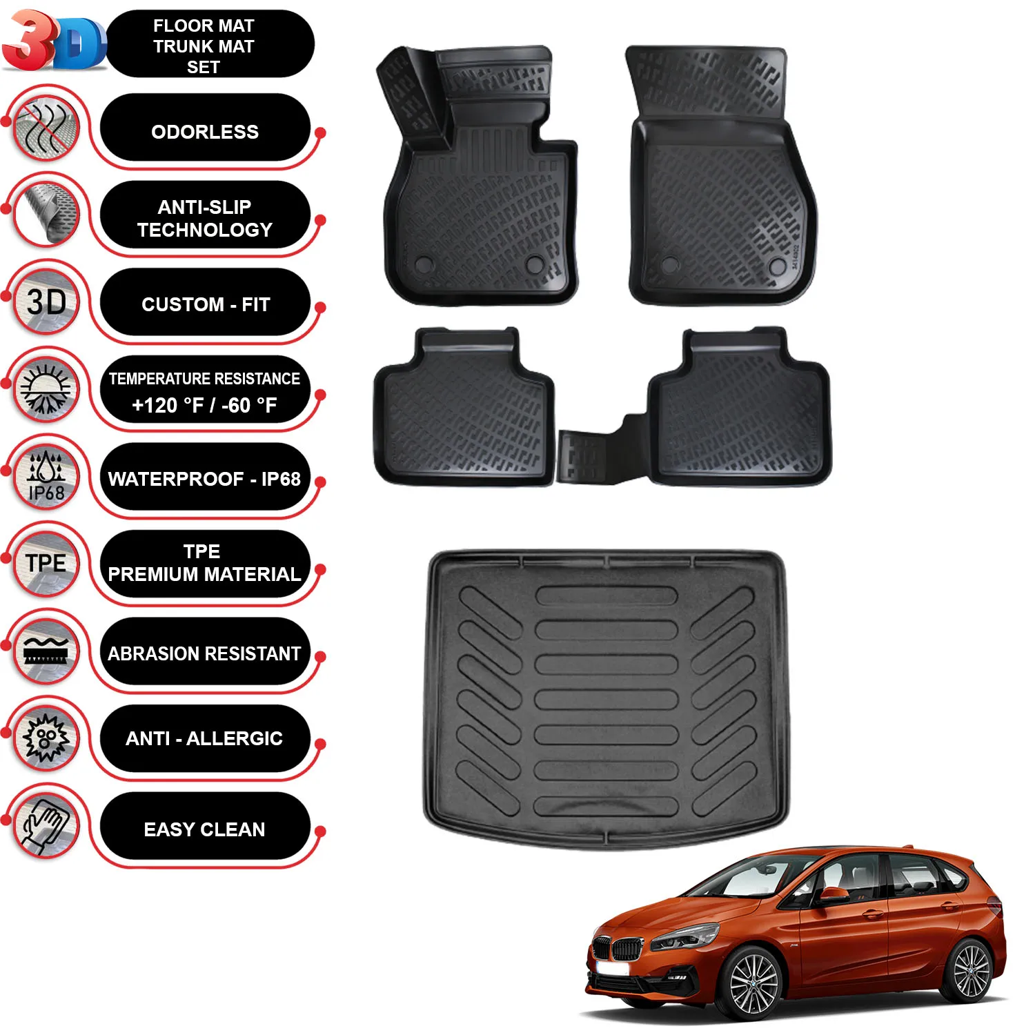 BMW 2 Active Tourer - (2014-2023) - Floor Mats + Cargo Trunk Liner - SET